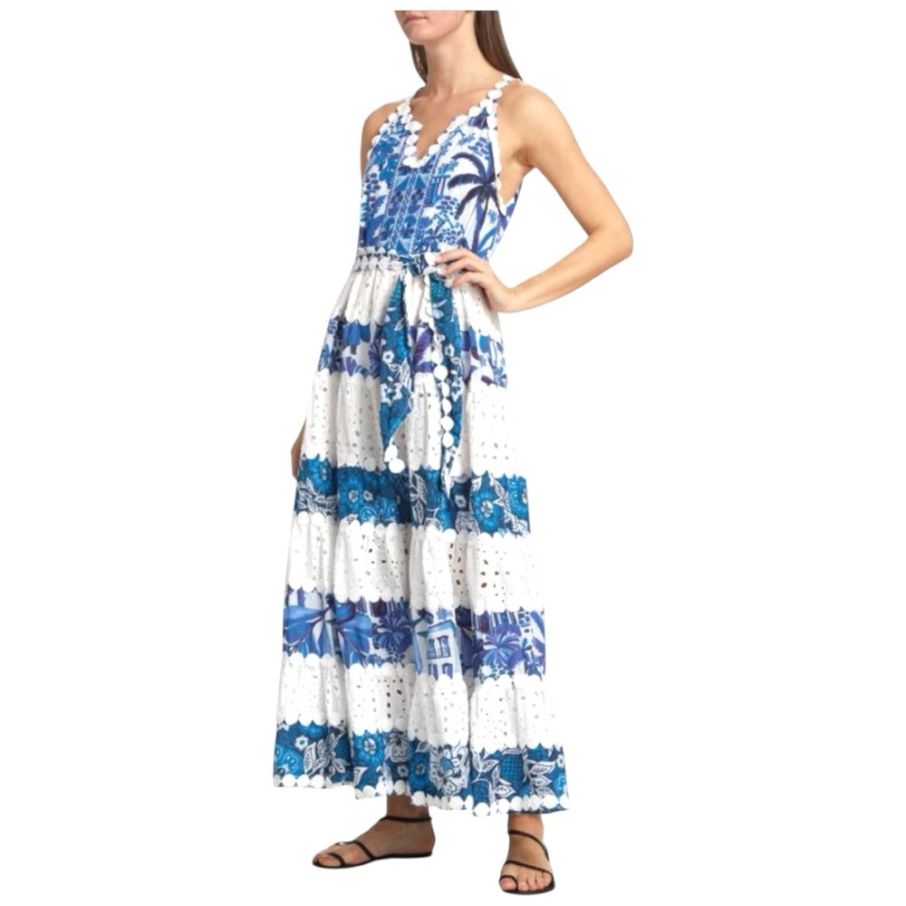 FARM RIO Floral Eyelet Mixed Blue and White Print Maxi Dress, Size S. - Picture 3 of 12